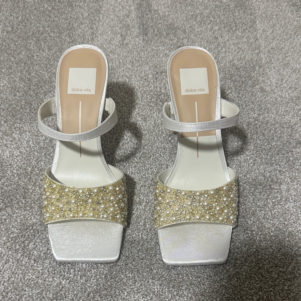 Dolce Vita Pearl Embellished White and Gold Heels